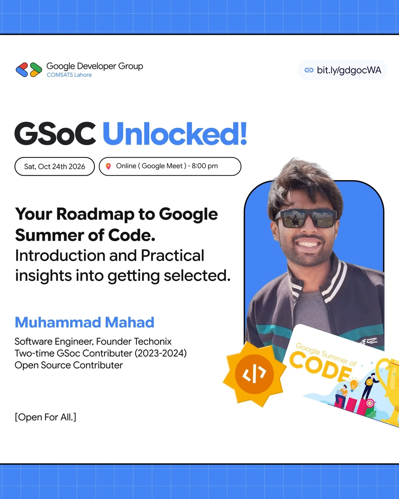GSoC Unlocked! poster featuring Muhammad Mahad, hosted by GDGoC COMSATS Lahore on October 24, 2026, at 8 PM online via Google Meet.